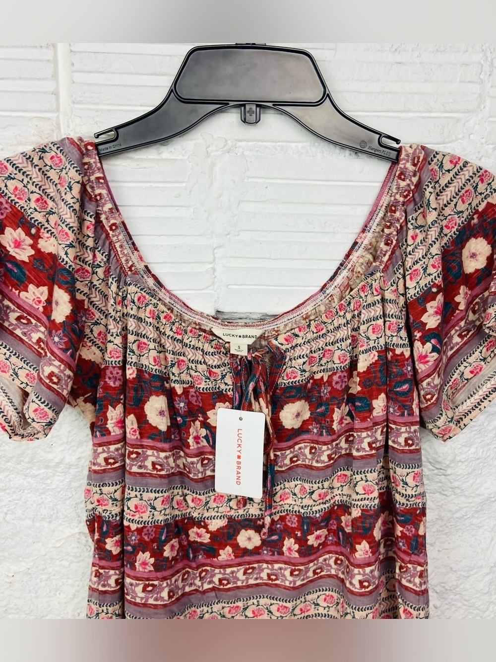 NWT Lucky Brand pink & cream cotton bohemian Floral Peasant Top size small - Picture 4 of 14